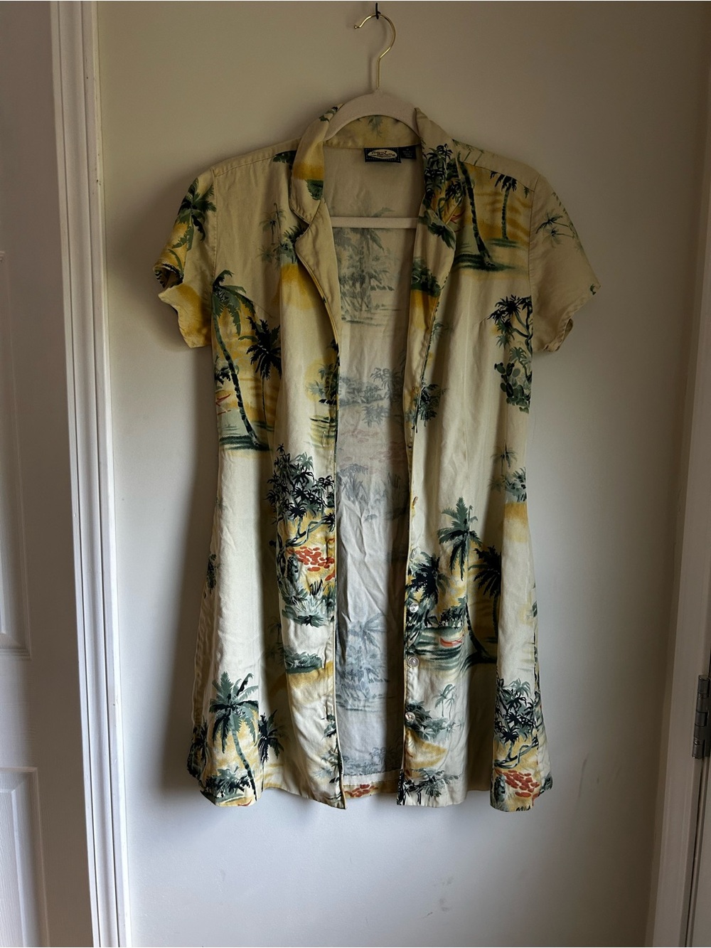 Tommy Bahama Cream Tropical Palm Print Short Sleeve Midi Dress